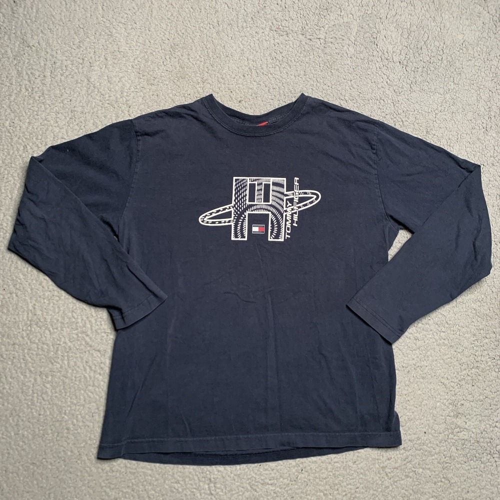 Tommy Hilfiger Mens Long Sleeve Medium Shirt Pullover Tee Navy w Spell Out Logo
